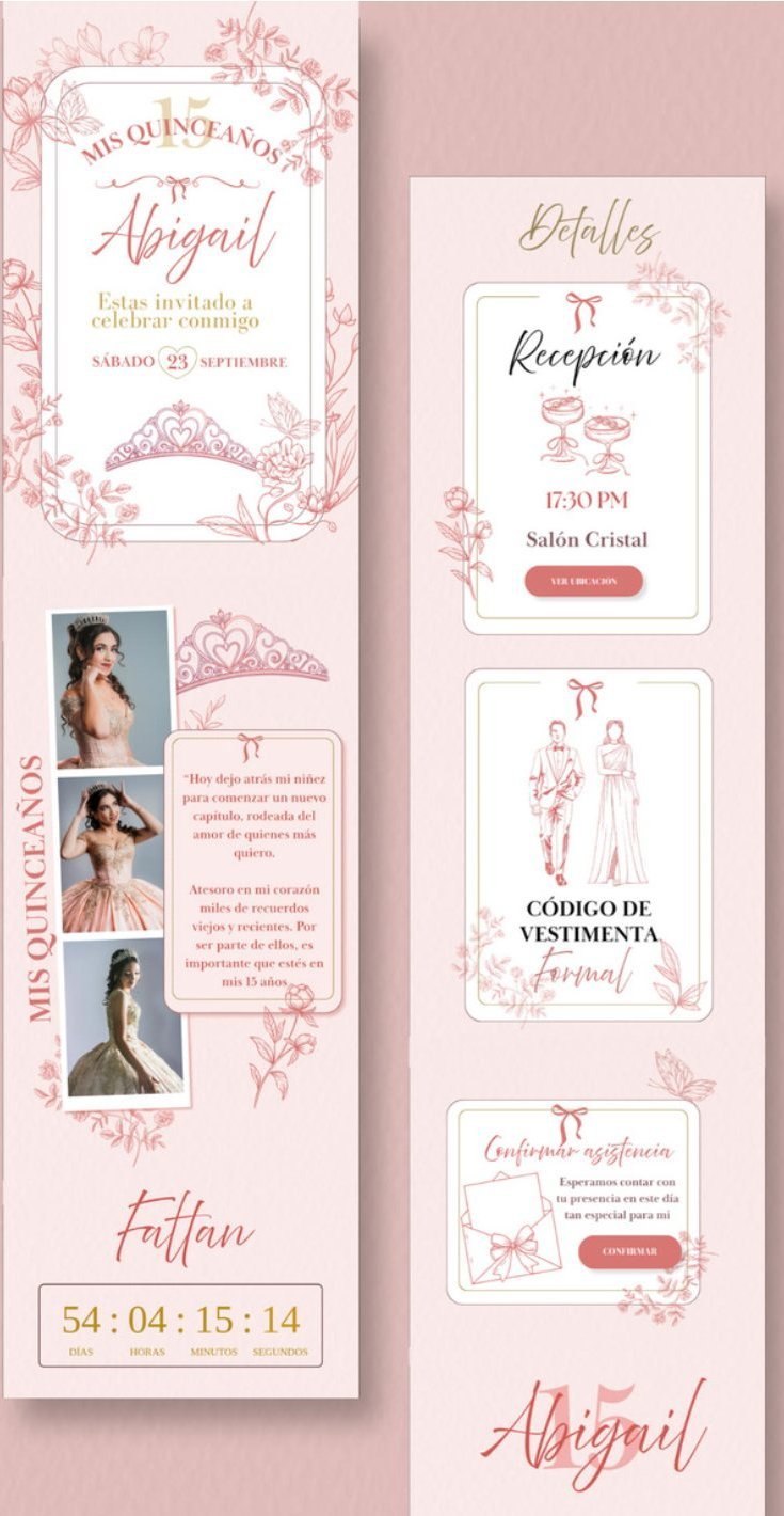 Invitación digital de XV años de Abigail en tonos rosa